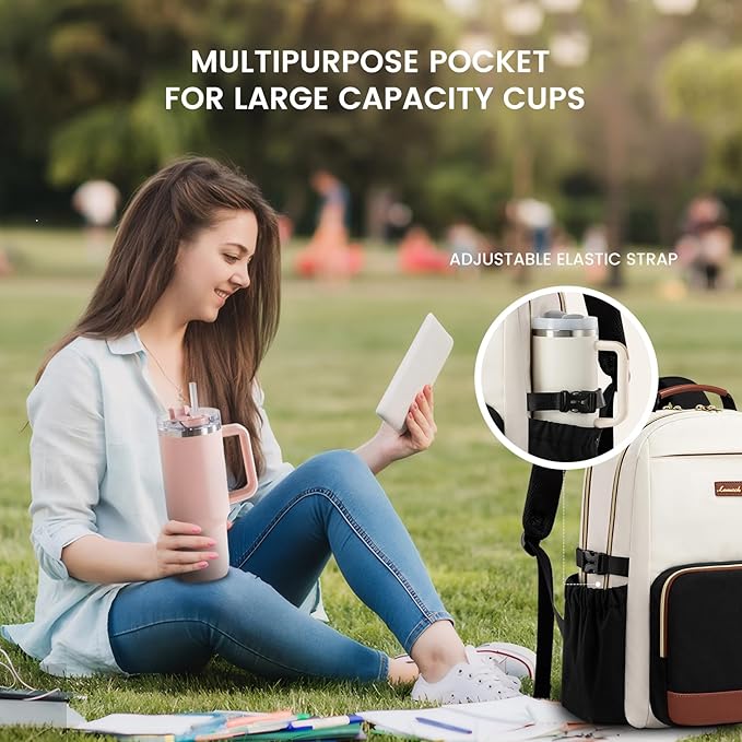 LOVEVOOK Laptop Backpack for Women with Pouch Pocket for Large Capacity Cup,15.6 Inch Laptop Computer Bag Travel Backpack Purse,Waterproof Work Business Backpack College Teacher Bags,Beige-Black-Brown
