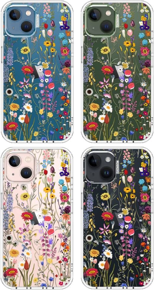 MOSNOVO for iPhone 13/14 Case | Military Grade 6.6ft Drop Tested | Clear with Wildflower Meadow Design