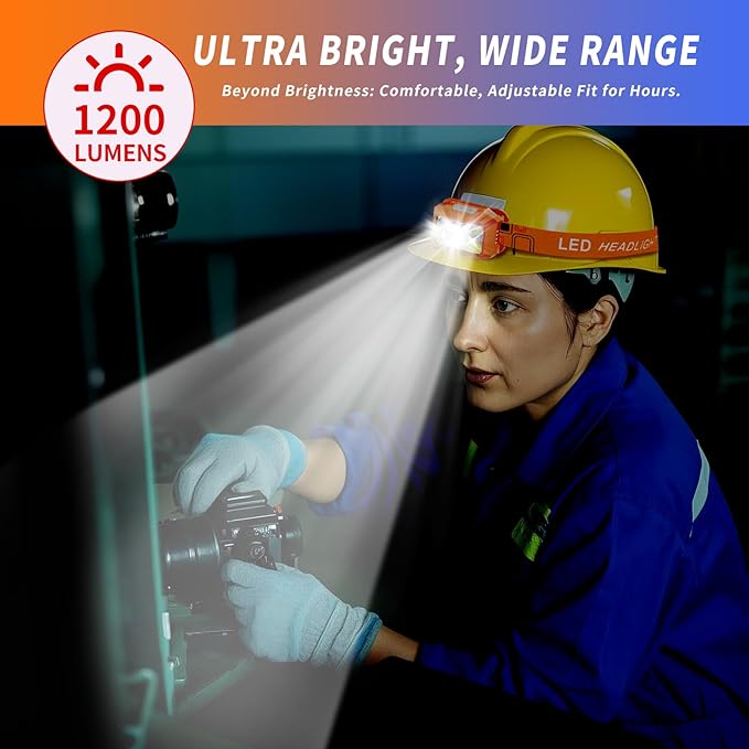Headlamp Rechargeable LED, 800 Lumens with Red & White Light, 8 Modes, Motion Sensor, USB-C Charging, IPX4 Waterproof (1, Orange)