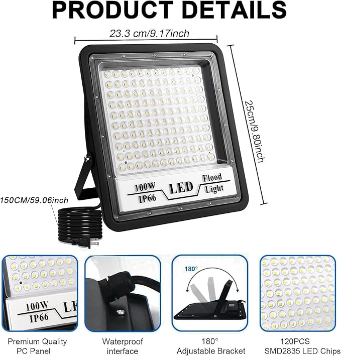 CREATESTAR 2 Pack 100W LED Flood Light Outdoor, 10000LM Bright LED Work Lights Plug in, IP66 Waterproof Exterior Floodlight, 6500K Security Light for Patio, Backyard, Lawn, Stadium, Playground