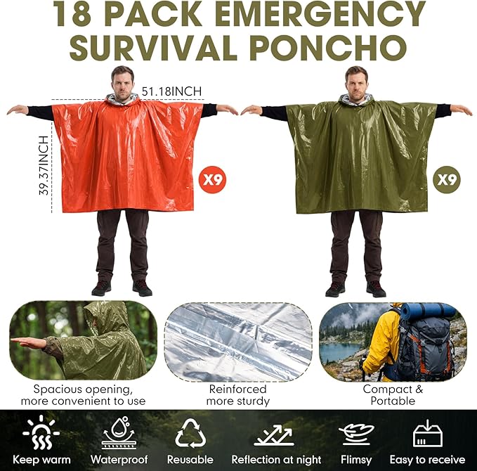 Tellegloww Emergency Ponchos with Polyester Film Blanket Liner Waterproof Windproof Thermal Survival Blanket Rain Ponchos