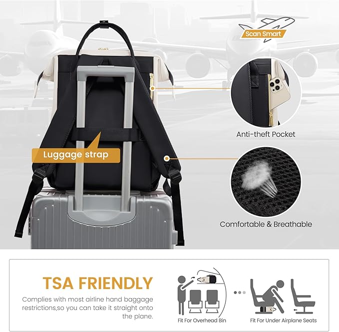 LOVEVOOK Leather Backpacks for Women,15.6 inch Leather Laptop Backpack Women,Professional Work Backpack Nurse College Teacher Bag,Womens Laptop Bag Computer Travel Backpacks Purse,Beige White-Black