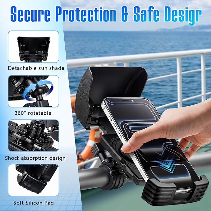 Tellegloww Boat Phone Holder, Marine Cell Phone Holder with Sunshade, 360 Degree Adjustable Knob Crab Clamp, Smartphone Accessory for Cycling, Boat Rail, Pontoon and Outdoor Use(Black)