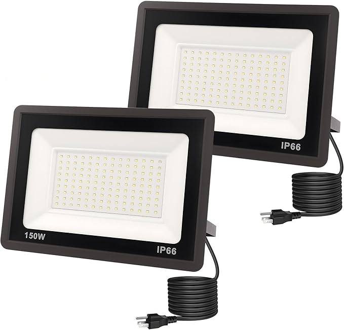 L LOHAS LED Flood Lights Outdoor, 150W Dusk to Dawn Outdoor Lighting, IP66 Waterproof Plug in Floodlights, 6000K Daylight Work Light, Security Lights for Yard, Garage, UL Listed, 2Pack