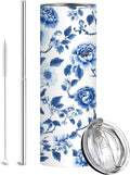 Firmiso 20 oz Tumbler｜Skinny Insulated Travel Mug｜Blue White Peony Chinoiserie Stainless Steel Cup with Lid and Telescopic Straw｜Elegant Floral Drinkware｜Gift Idea for Women and Men