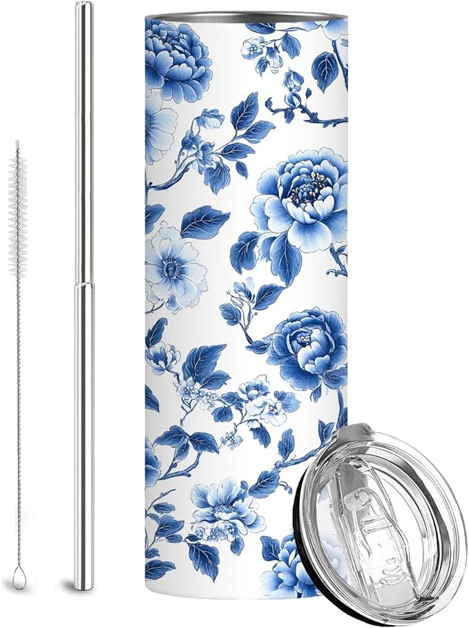 Firmiso 20 oz Tumbler｜Skinny Insulated Travel Mug｜Blue White Peony Chinoiserie Stainless Steel Cup with Lid and Telescopic Straw｜Elegant Floral Drinkware｜Gift Idea for Women and Men