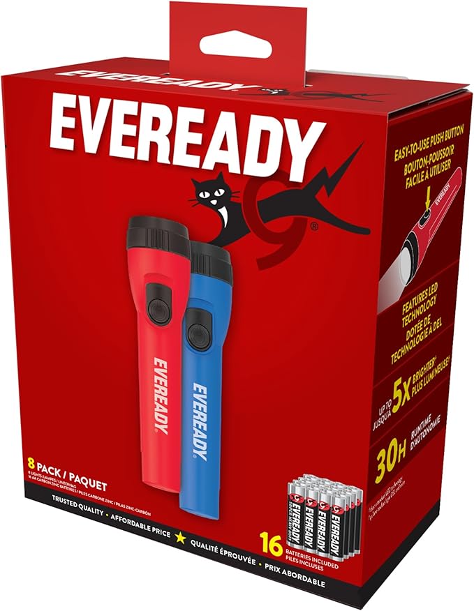 EVEREADY LED Flashlights (8-Pack), Bright Flashlights for Emergencies and Camping Gear, Flash Light with AA Batteries Included, Red/Blue (8-Pack)