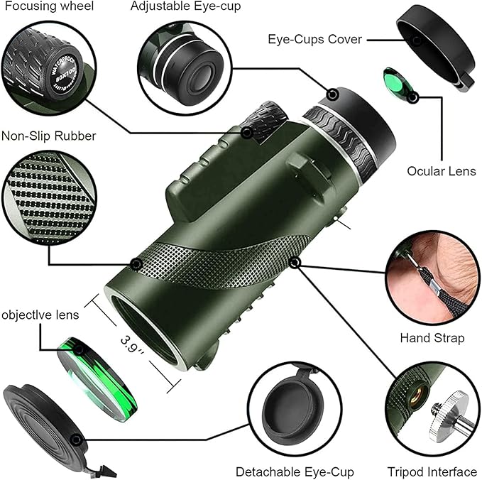 Monocular Telescope 80x100 High Powered Monoculars High Definition for Adults High Powered with Smartphone Adapter Telescope Hunting Wildlife Bird Watching Travel Camping Hiking Green