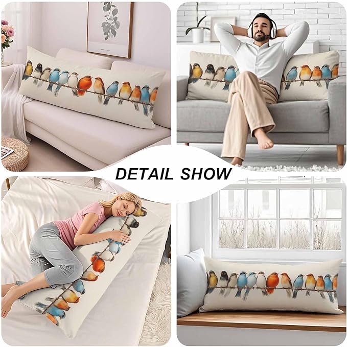 Body Pillow Covers Bird Body Pillowcase 20"X54", Vintage Birds Colorful Couch Body Pillow Cases for Home Bedroom, Outdoor Body Cushion Cover for Men Women
