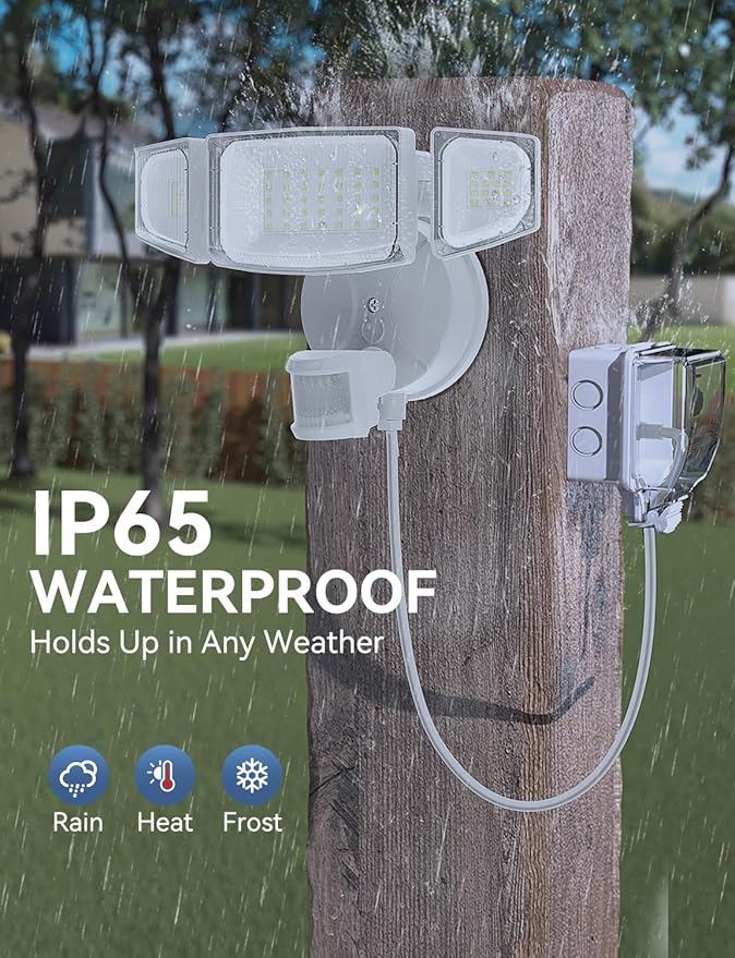 Olafus 50W Motion Sensor Outdoor Light Plug in, Motion Flood Light Dusk to Dawn, 5000LM LED Security Light IP65 Waterproof, Motion Activated 6500K PIR Sensor Lighting for Garage Yard Patio Eave, White