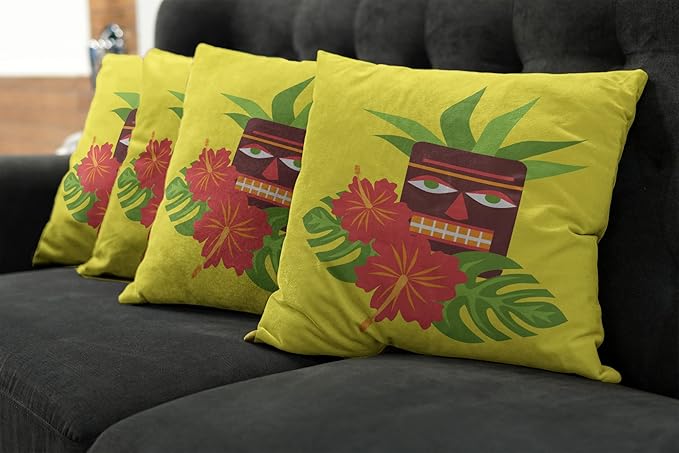 Ambesonne Luau Throw Pillow Cushion Case Pack of 4, Vibrant Composition of a Tiki Exotic Summer Hibiscus and Palm Leaves, Modern Accent Double-Sided Digital Printing, 18", Yellow Multicolor