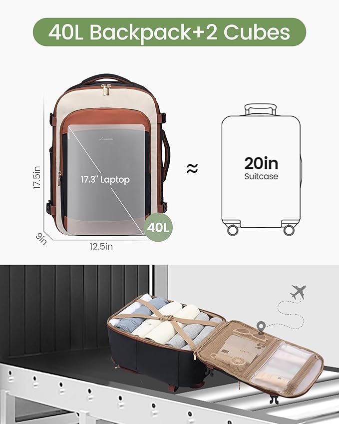 LOVEVOOK 40L Travel Backpack for Women & Men, Airline Approved Carry On Backpack, TSA Personal Item Bag fits 17.3 Inch Laptop, Waterproof Weekender Overnight Bags Suitcase for Work, Black-Brown-Beige