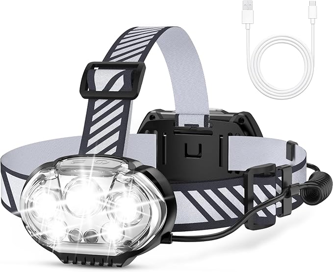 MIOISY Rechargeable Headlamp, Ultra-Bright 5 LED Head Lamp with Red White Light,IPX4 Waterproof Headlight,8 Mode Head Flashlight for Outdoor Running Hunting Fishing Hiking Camping Gear