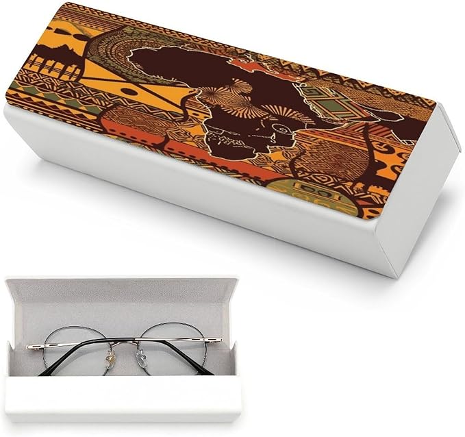 African Map Ethnic Pattern Eyeglass Case Spectacle Case Slim PU Leather Eyeglass Case for Men Women Lightweight Protective Eyewear Storage with Cleaning Cloth