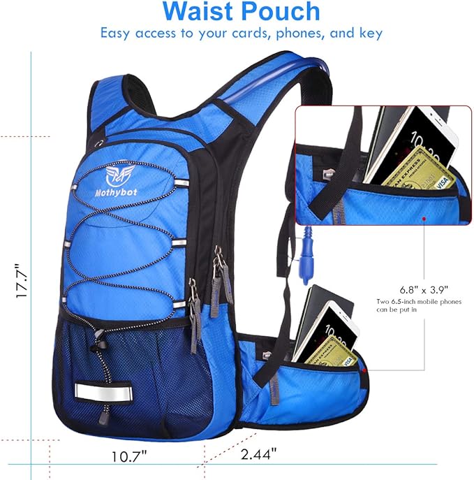 Mothybot Insulated Hydration Backpack Pack with 3L BPA Free Leak Proof Water Bladder, Large Storage Lightweight Hiking Daypack with Waist Pouches & Cooler Layer, for Running, Biking, Camping, Festival