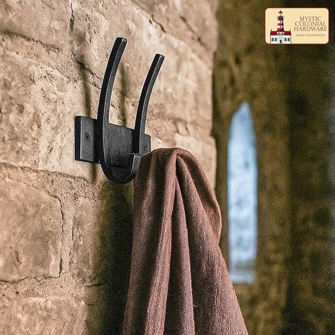 Mystic Colonial Medieval Hand-Forged Iron Double Wall Hook � 1 Pc | (5 in) Heavy Duty Rustic Black Coat & Hat Hanger | Vintage Decorative Hook for Coats, Towels, Bags, Keys & Home D�cor