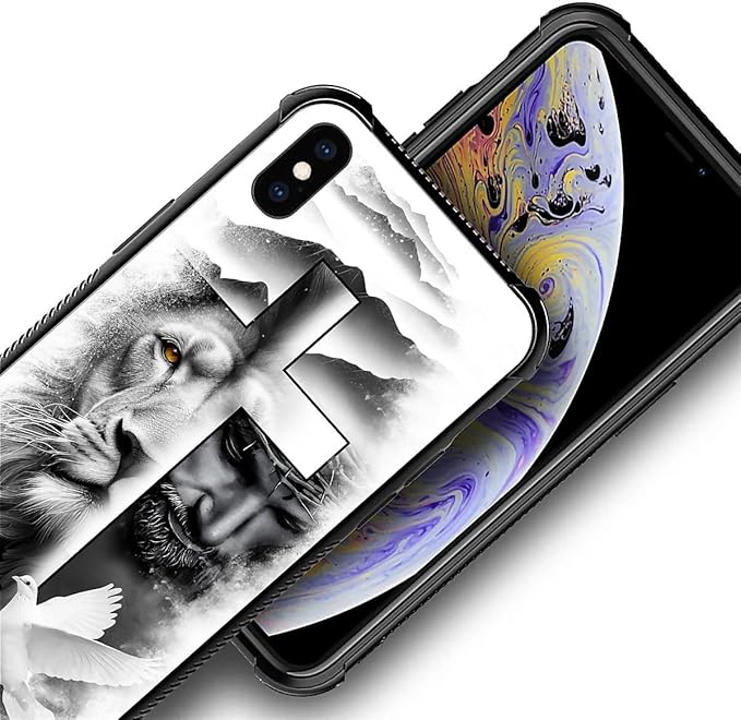 for iPhone X/Xs Case, Lion Cross Jesus Christ Dove Pattern Made of Soft Silicone Hard Acrylic Shock Protection for iPhone X/Xs