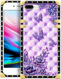 Compatible with iPhone 8 Plus 7 Plus Case, Purple Butterfly Flowers Leaf Luxury Golden Decoration for Girl Women Soft TPU Shockproof Protective Hard PC Back for iPhone 8 Plus 7 Plus