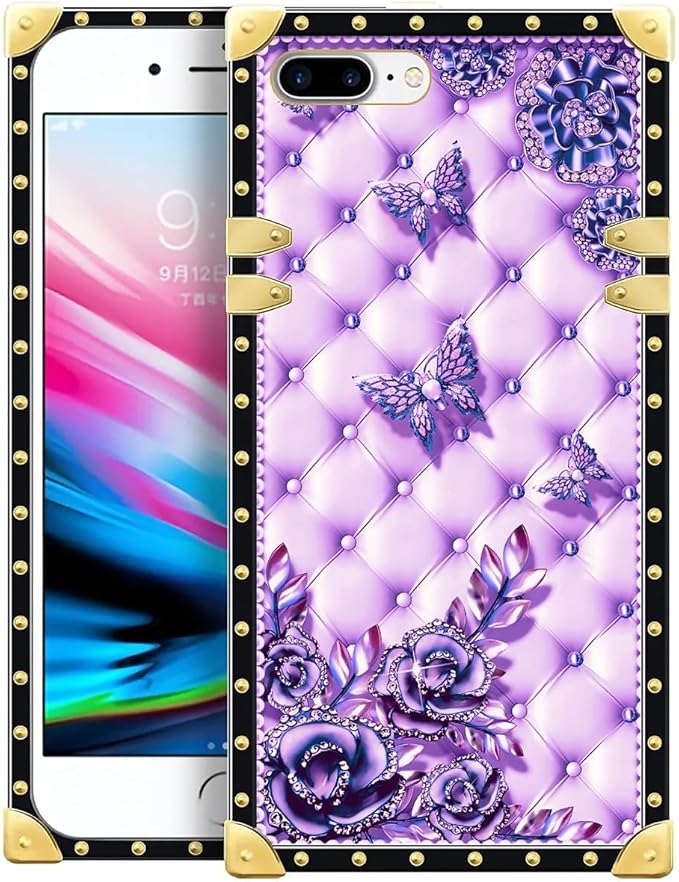Compatible with iPhone 8 Plus 7 Plus Case, Purple Butterfly Flowers Leaf Luxury Golden Decoration for Girl Women Soft TPU Shockproof Protective Hard PC Back for iPhone 8 Plus 7 Plus