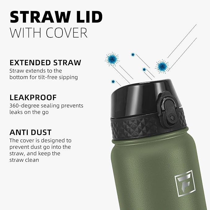 Fanhaw 20 oz Insulated Stainless Steel Water Bottle with Straw Lid, Leakproof & Anti-Dust Sports Bottle for Kids, Women & Men (Olive Green)