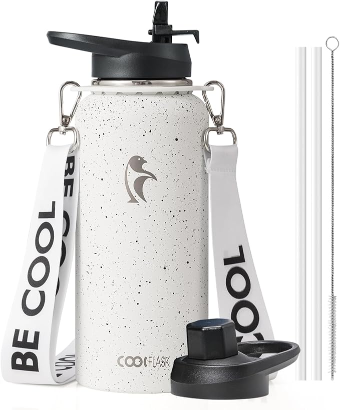 Coolflask Water Bottle with Straw, 32 oz Insulated Metal Water Flask with Straw & Spout Lids, Stainless Steel Double Wall Vacuum, Keep Cold 48h Hot 24h, Leak Proof, BPA-Free, Arctic White