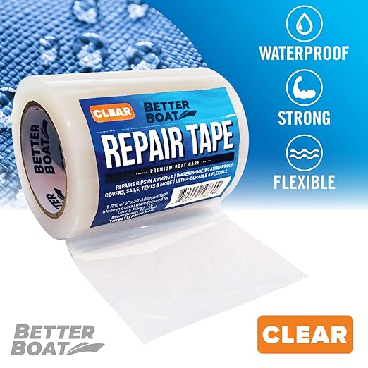 Better Boat Repair Tape for Fabric and Vinyl 30ft x 3in, Clear Waterproof Patch Tape for RV Awning Canvas Tent Tarp Sail Canopy Boat Cover, Heavy Duty