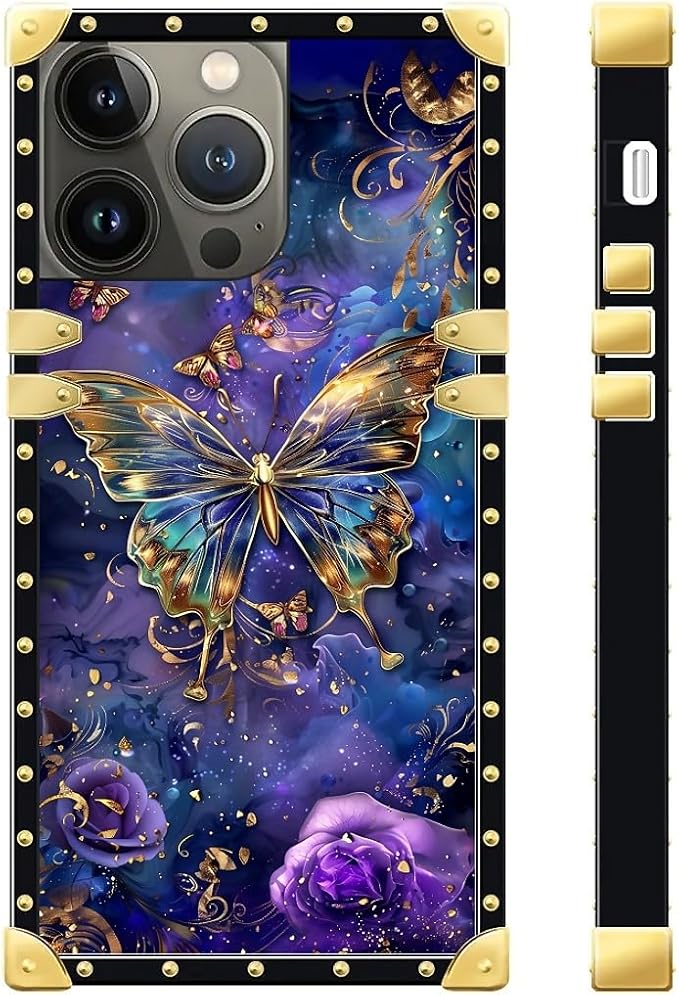 Compatible with iPhone 15 Pro Case, Glistening Golden Butterfly Vibrant Purple Blue Luxury Golden Decoration for Girl Women Soft TPU Shockproof Protective Hard PC Back