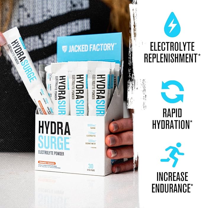 Jacked Factory Hydrasurge Electrolytes Powder Packets - Sugar Free & Naturally Sweetened Hydration Packets - Keto & Vegan Friendly, Easily Dissolves - 30 Stick Packs, Orange Mango