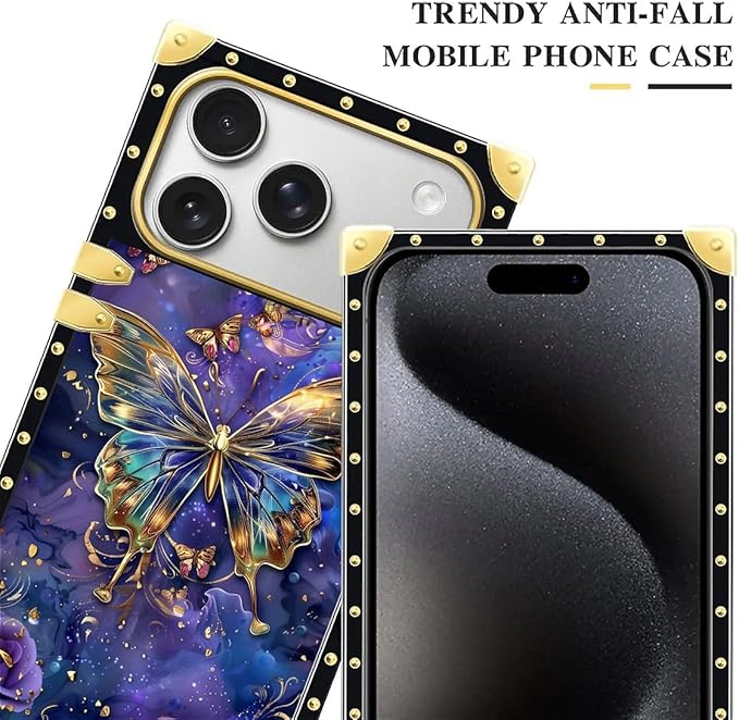 for iPhone 17 Pro Case Luxury Golden Decoration for Girl Women Soft TPU Shockproof Protective Hard PC Back for iPhone 17 Pro Crazy Pattern Glistening Golden Butterfly Vibrant Purple Blue