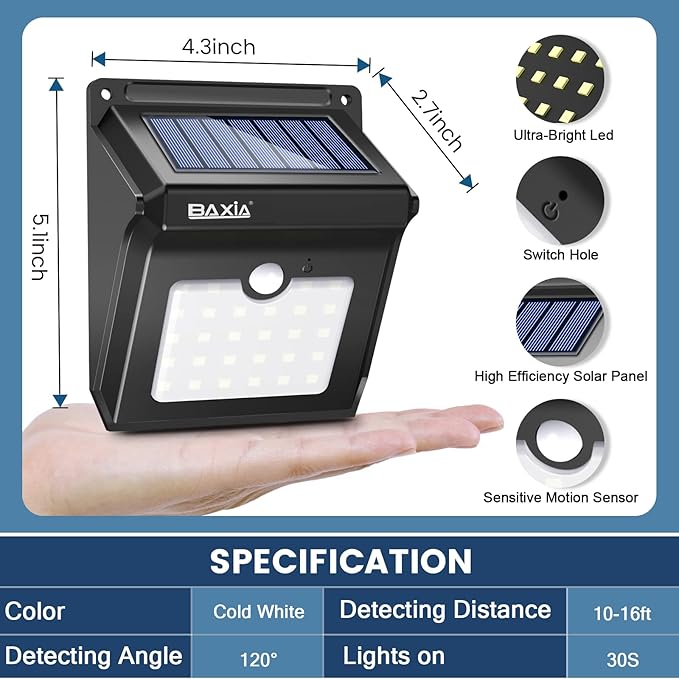 BAXIA TECHNOLOGY Solar Outdoor Lights Wireless Security Motion Sensor Solar Lights Outdoor Waterproof for Front Door,Backyard,Steps,Garage,Garden (400LM,4 Packs)