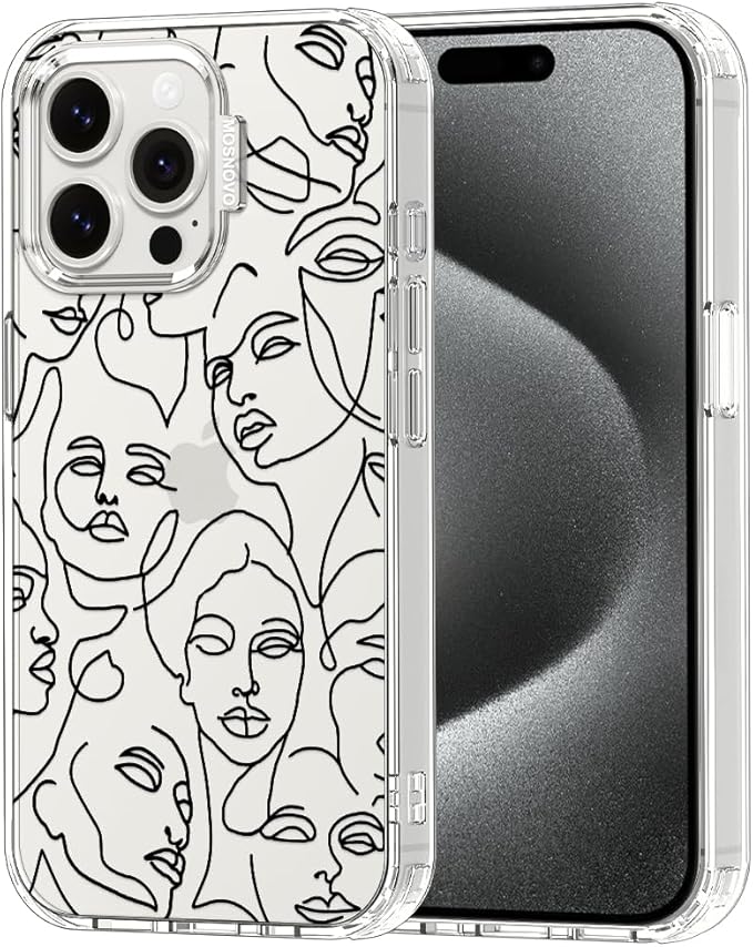 MOSNOVO Case for iPhone 15 Pro Max, [Buffertech 6.6ft Military-Grade Drop Protection] [Anti Peel Off Tech] Clear TPU Bumper Phone Case Cover Design - Abstract Face Line Art
