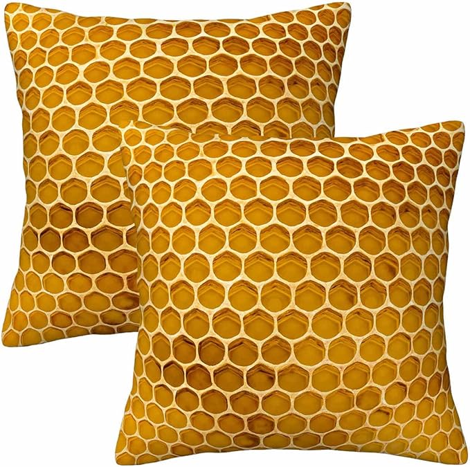 Bee Honeycomb Throw Pillow Covers 18x18 Yellow Honey Abstract Set of 2 Pillow Cases Square Velvet Outdoor Pillowcases Decorative for Home Bed Sofa Couch Hotel