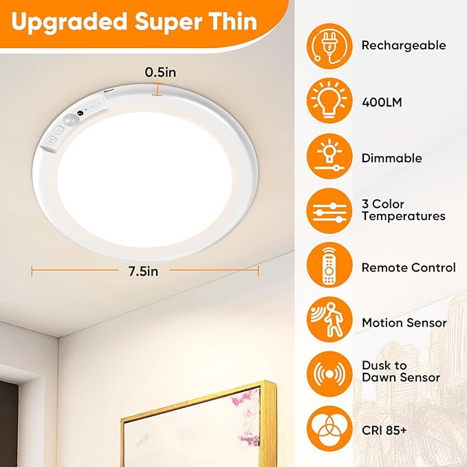 Rechargeable Motion Sensor Ceiling Light with Remote, Battery Operated Closet Light No Wiring, Wireless LED Shower Lights, 3 Colors Dimmable Indoor Overhead Lamp for Closet Shower Pantry Shed Hallway