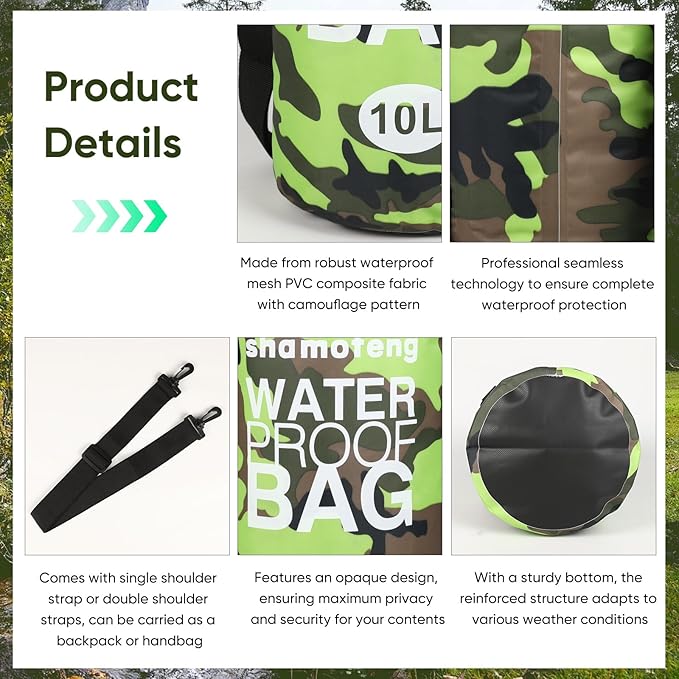 Waterproof Dry Bag 5L/10L/15L/20L/30L Roll Top Dry Storage Backpack with Phone Case, Collapsible Water Bottle, Sunglasses, Ear Band for Kayaking Boating Swimming Fishing Camping, Green 10L