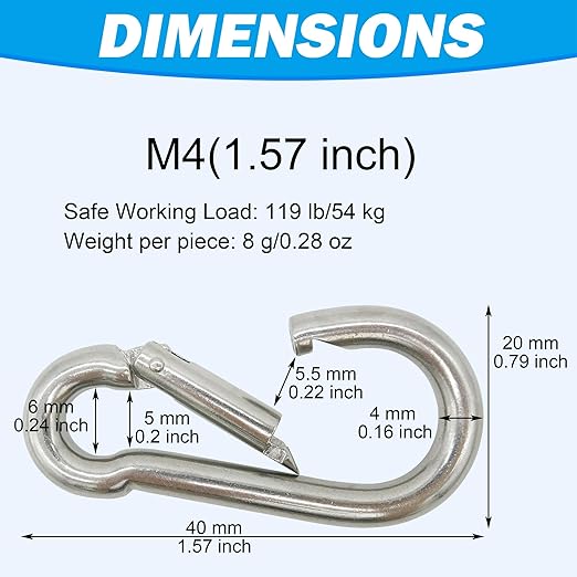 304 Stainless Steel Carabiners -1.57 inch Heavy Duty, Durable & Rust-Free Clips for Gym, Swing, Dog Leashes, Hammocks, Keychains, and More(304,M4,Pack of 20)