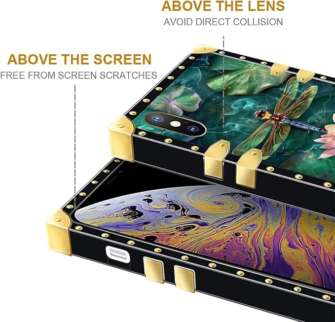 Compatible with iPhone XR Case, Colourful Dragonfly Pink Lily Pads Luxury Golden Decoration for Girl Women Soft TPU Shockproof Protective Hard PC Back for iPhone XR