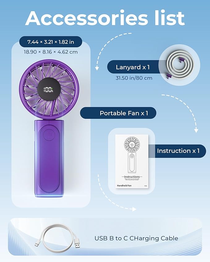 Peiyuu Portable Handheld Fan, 4000mAh, USB Rechargeable 180° Foldable Mini Desk Fan, 6 Wind Speed, LCD Digital Display, Lanyard as Neck Fan, Ultra Quiet, Pocket Size for Indoor Outdoor