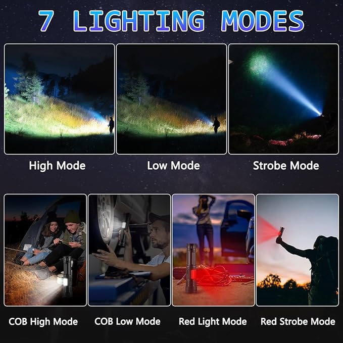 IkeeRuic 7Mode Flashlights High Lumens Rechargeable, 3Pack Tactical Flashlight High Powered, LED Flashlight Rechargeable, Super Bright Flashlight Adjustable, Flash Light for Emergency Home