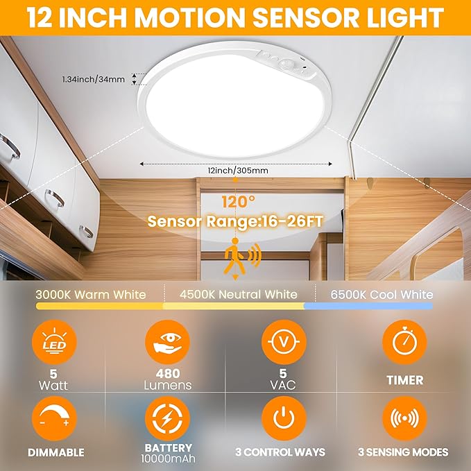 SunRider 12 Inch Rechargeable Motion Sensor LED Ceiling Light with Remote, Wireless Dimmable 3CCT Battery Operated LED Closet Lights for Stair Hallway
