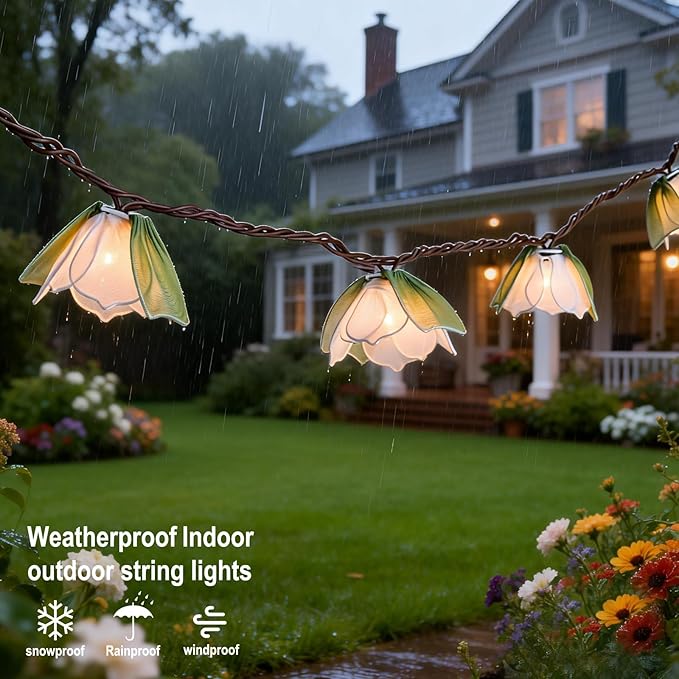 TWINKVILLA Decorative String Lights Plug in with 10 Bulbs, Flower Garland Fairy Lights Connectable Weatherproof Outdoor Indoor for Wedding Pergola Bedroom Porch Floral Home Decor (Green White)