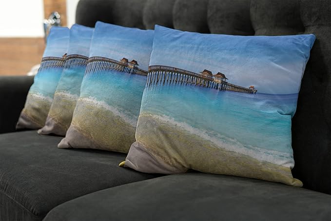 Ambesonne Dock Decorative Throw Pillow Case Pack of 4, Naples Pier Paradise Beach at Ocean in Florida USA Sunny Tropical Destination, Cushion Cover for Couch Living Room Car, 20", Azure Blue