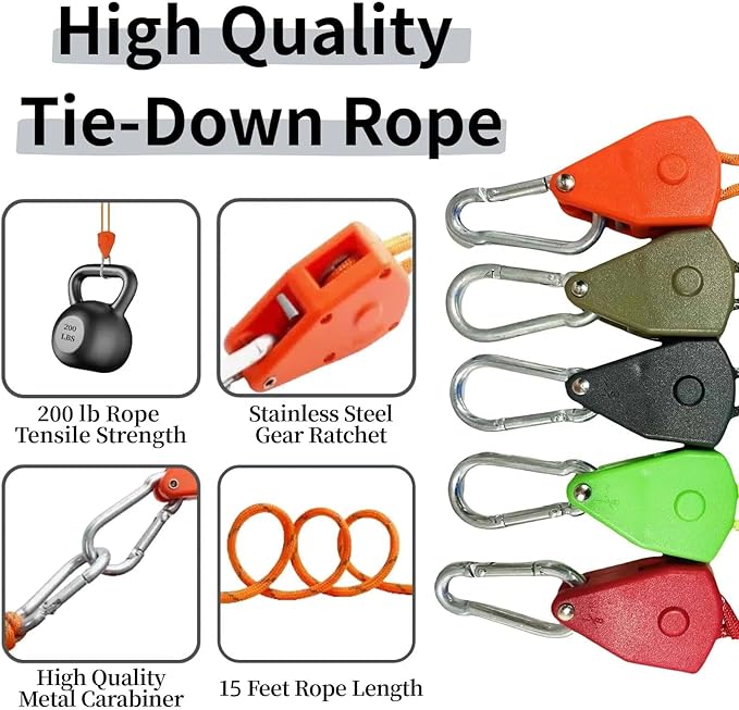 Longer 15ft Ratchet Straps Ropes Tie Down Rope Strap Small Mini Reflctive Outdoor Windproof Rope Roller Adjustable Camping Tent Hanger Grow Light Kayak Paracord 4 Pack 1/8"