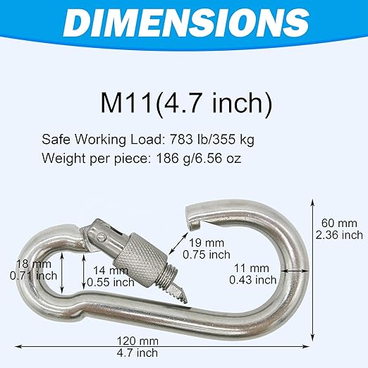 304 Stainless Steel Carabiners -4.7 inch Heavy Duty, Durable & Rust-Free Clips for Gym, Swing, Dog Leashes, Hammocks, Keychains, and More(304,M11 with Screw,Pack of 2)