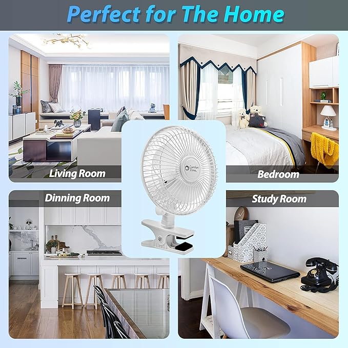 Comfort Zone 6-Inch Corded Clip-On Personal Fan – 2-Speed Quiet Desk Fan with 360° Rotation, Fully Adjustable Tilt & Secure Strong Clamp – Mini Air Circulator for Desks, Bedside & Office
