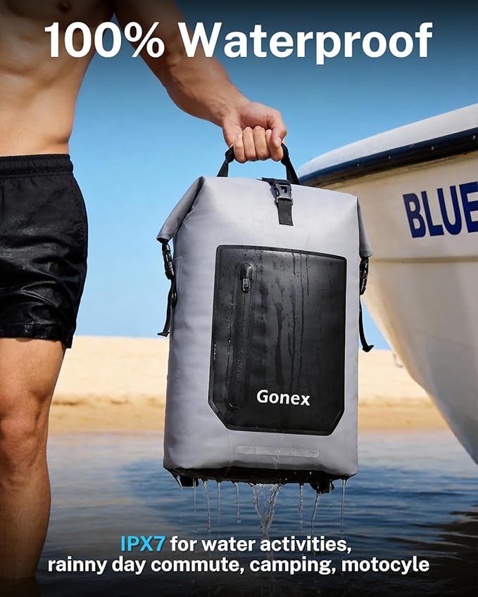 Gonex Ultralight Waterproof TPU Backpack, 35L Roll Top Dry Bag with Comfortable Padded Back Panel for Kayaking Boating Camping Fishing Travel,Grey