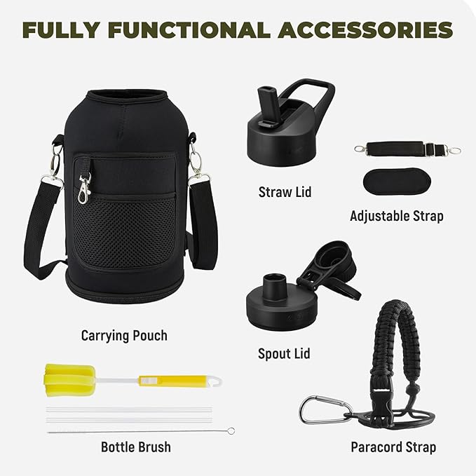 COKTIK 64oz Insulated Water Bottle - Stainless Steel Vacuum Metal, Portable ½ Gallon Large-Capacity Sports Bottle with Straw, Carry Bag and Handle Strap, Ideal for Gym & Hiking(Black)
