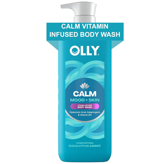 OLLY Calm Body Wash with Hyaluronic Acid, Adaptogens & Vitamin B3– Nourishing Cleanser for Skin Barrier Repair, Deep Hydration, Eucalyptus Amber Scent, 17oz