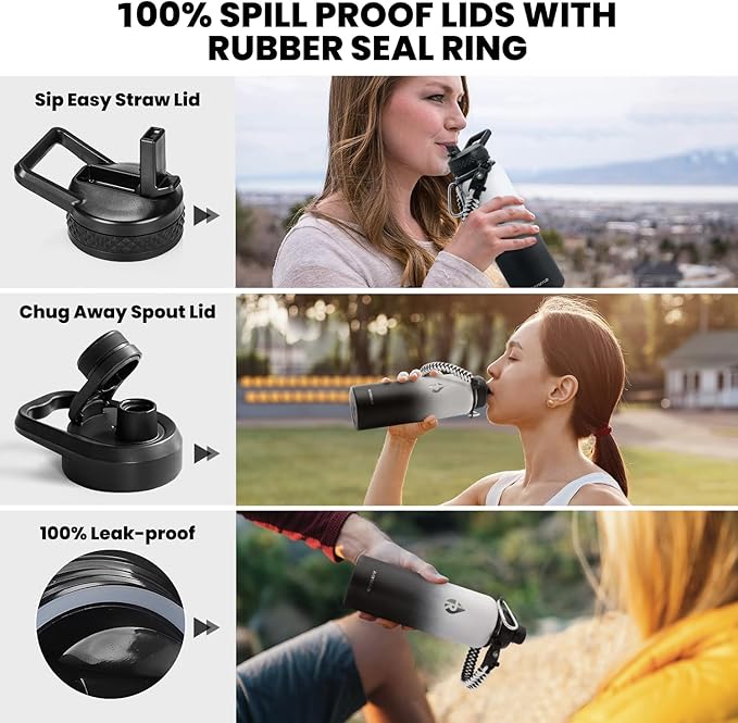 RAYMYLO Insulated Water Bottle 40 oz, Triple Wall Vacuum Stainless Steel (Cold for 36Hrs, Hot for 18Hrs), Leak Proof & Non-BPA, Modern Water Flask Jug with Paracord Handle & Straw Spout Lids