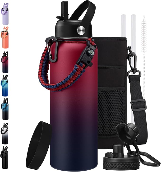 BENZZO 40 oz Insulated Water Bottle - w/Straw Spout Lids, Paracord Handle, Silicone Boot, Metal Flask Water Bottle Carrier with Strap, Leak Proof Stainless Steel Keep Cold 48h & Hot 24h