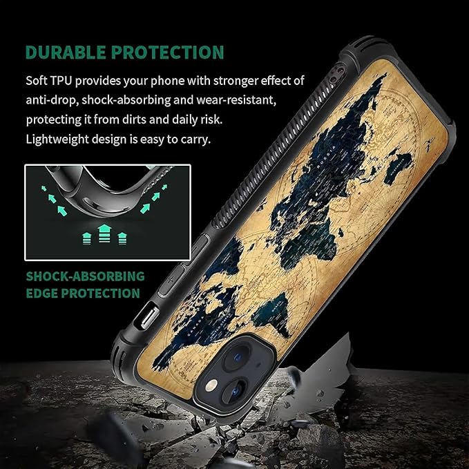for iPhone 13 Case, Brown World Map Pattern Graphic Design Girl Boy Soft Silicone Hard Acrylic Shock Protection for iPhone 13